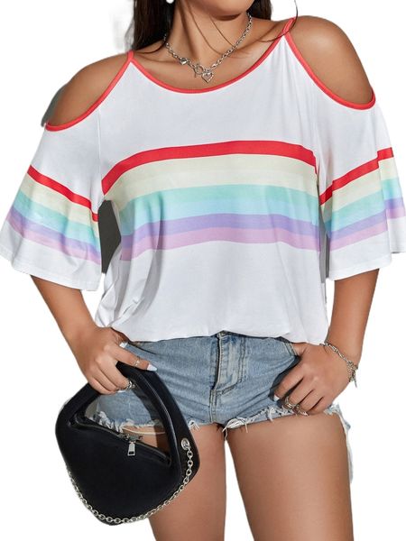 plus colorful striped contrast binding cold shoulder tee n5pv#, Black 
plus colorful striped contrast binding cold shoulder tee n5pv#, Black