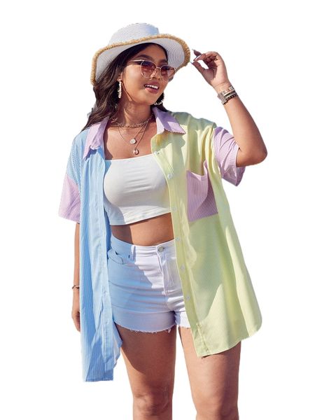plus striped colorblock patched pocket drop shoulder blouse without camisole b3mf#, Black
plus striped colorblock patched pocket drop shoulder blouse without camisole b3mf#, Black