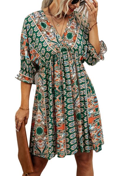floral print flounce sleeve overlap collar tie back dress h22m#, Black;gray