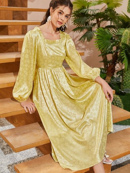 frill trim lantern sleeve floral jacquard dress k6kn#, Black;gray
frill trim lantern sleeve floral jacquard dress k6kn#, Black;gray