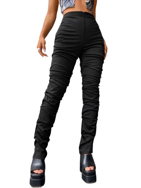 zipper fly ruched skinny pants c1uu#, Black;white