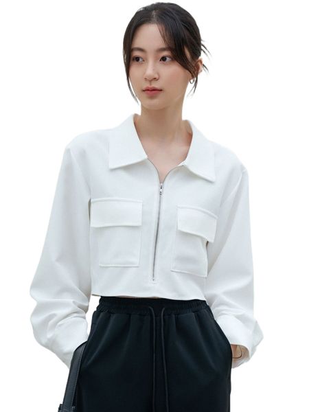 dazy-less flap pocket zip front blouse i0hd#, White 
dazy-less flap pocket zip front blouse i0hd#, White