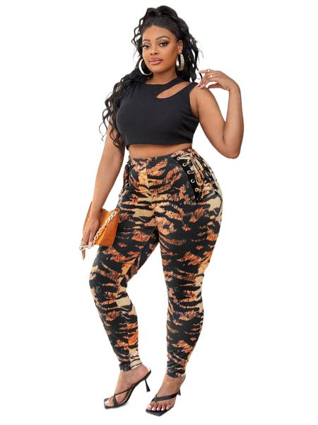 sxy plus grommet lace-up tiger skin print skinny pants s3ik#, Black