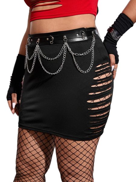 plus ripped bodycon skirt without chain f81q#, Black