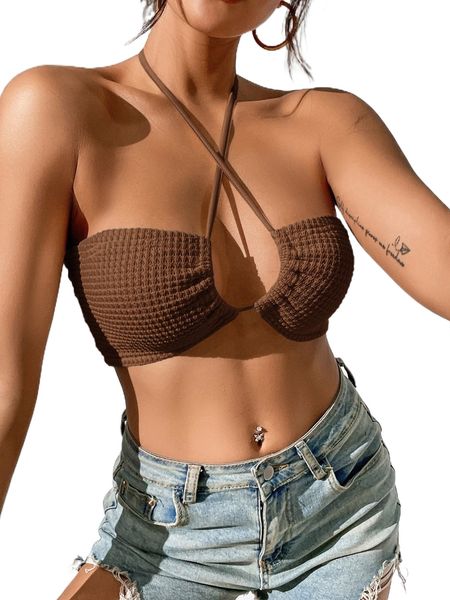 petite criss cross tie back crop halter h64b#, White
petite criss cross tie back crop halter h64b#, White