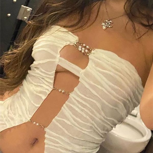 allneon y2k vintage pearl chain trim cut out tube 90s streetwear backless folds strapless crop women party tanks 220607, White 
allneon y2k vintage pearl chain trim cut out tube 90s streetwear backless folds strapless crop women party tanks 220607, White
