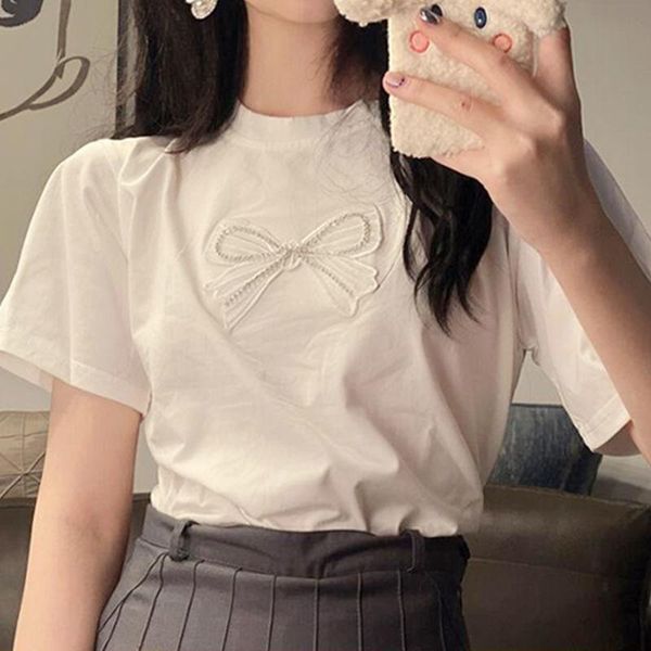 women's t-shirt bow short sleeve women's summer 2022 loose design sense niche top, White