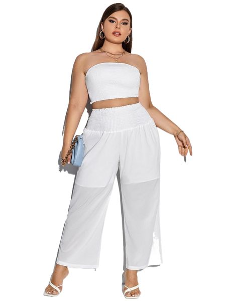 plus shirred crop tube & wide leg pants n51z#, Black