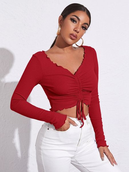 lettuce trim drawstring ruched front solid tee n0wf#, White