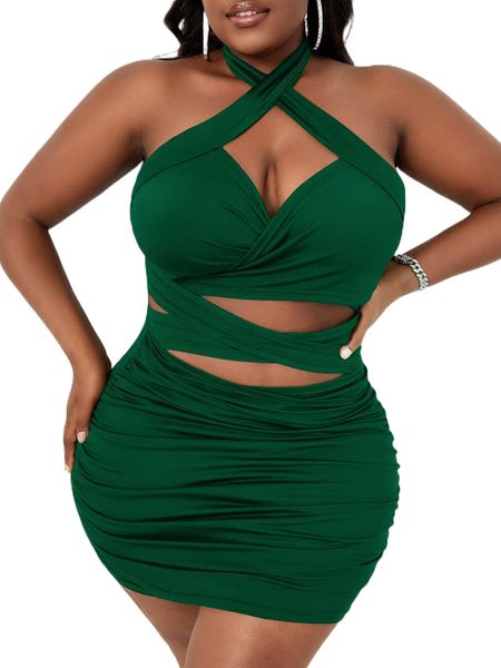 plus halter neck criss cross cut out front backless bodycon dress h77o#, Black