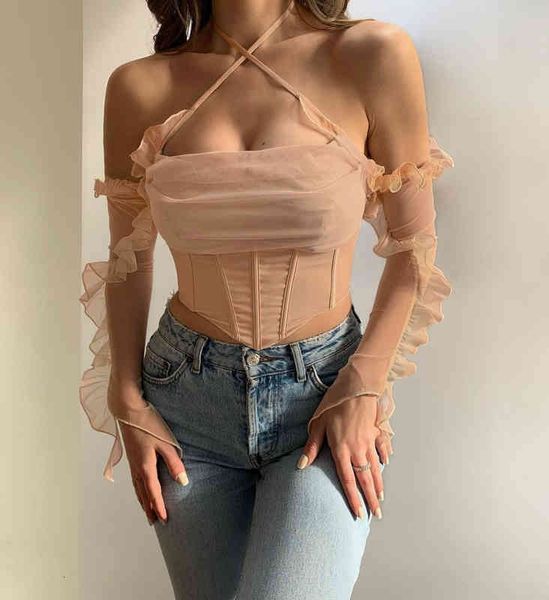 women's t-shirt 2022 summer mesh fishbone perspective off shoulder wood ear neck female 5mng, White
women's t-shirt 2022 summer mesh fishbone perspective off shoulder wood ear neck female 5mng, White