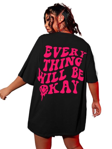 plus slogan graphic oversized tee c1pt#, Black