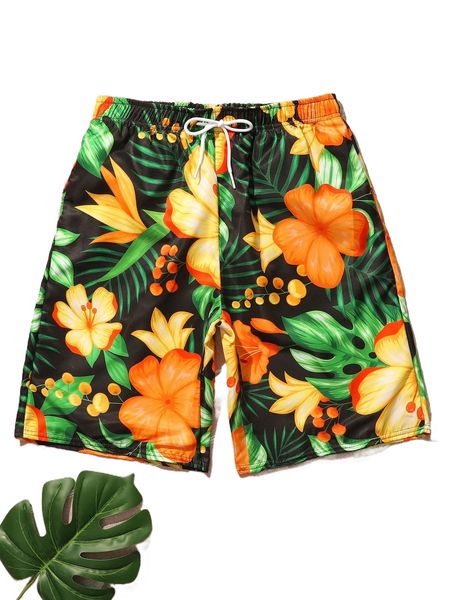 men random tropical print drawstring waist swim trunks s2ez#, White;black 
men random tropical print drawstring waist swim trunks s2ez#, White;black