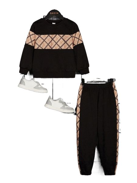 toddler boys plaid panel pullover & sweatpants n2wc#, Black;white