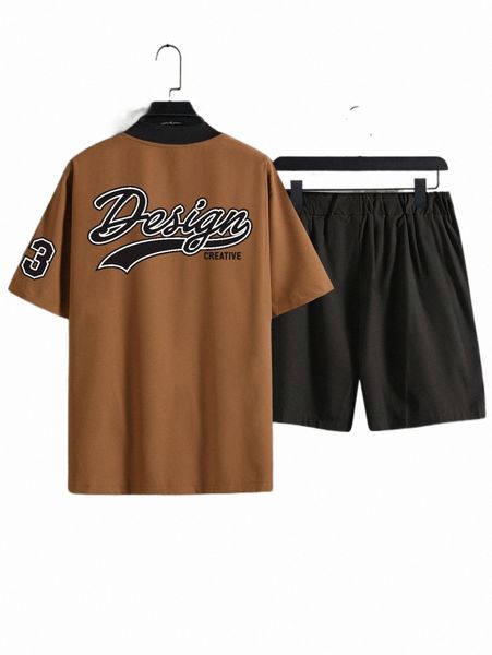 men letter graphic shirt & drawstring waist shorts without tee e34u#, Gray