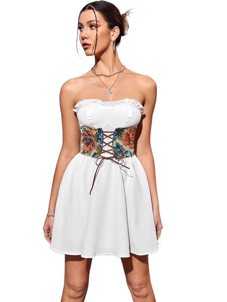 frill trim tube dress with lace up corset k2yv#, Black;gray
frill trim tube dress with lace up corset k2yv#, Black;gray