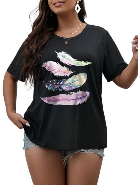 plus feather print tee k5kv#, Black