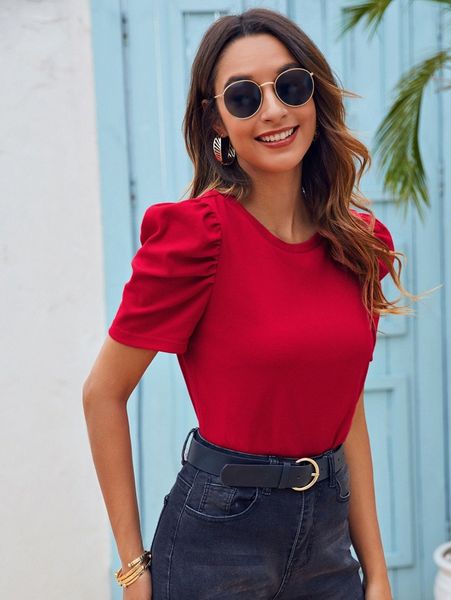 puff sleeve solid tee i7dm#, White 
puff sleeve solid tee i7dm#, White