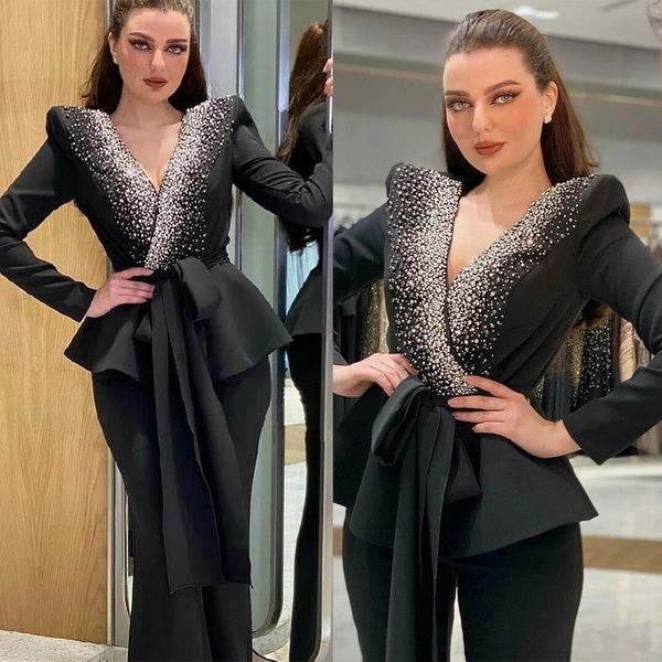 black fashion long sleeve prom jumpsuit dress 2022 beaded peplum women outfit evening gown party tuxedos formal wear pant suit, Black;red 
black fashion long sleeve prom jumpsuit dress 2022 beaded peplum women outfit evening gown party tuxedos formal wear pant suit, Black;red
