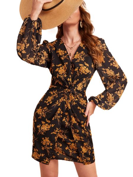 twist front allover floral dress o7f0#, Black;gray