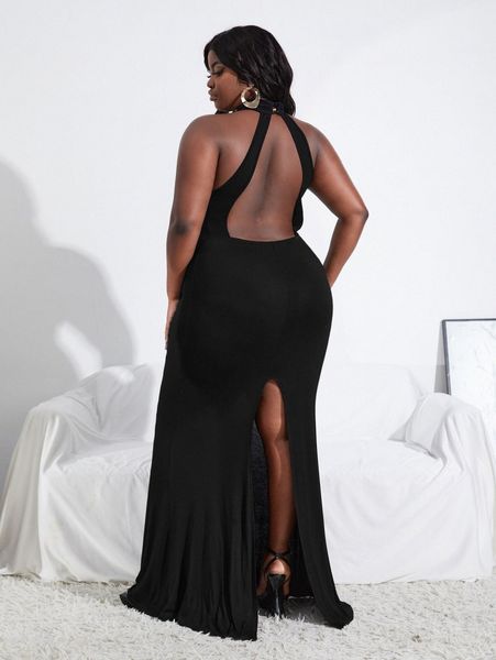 plus backless split back halter dress o9jf#, Black
plus backless split back halter dress o9jf#, Black