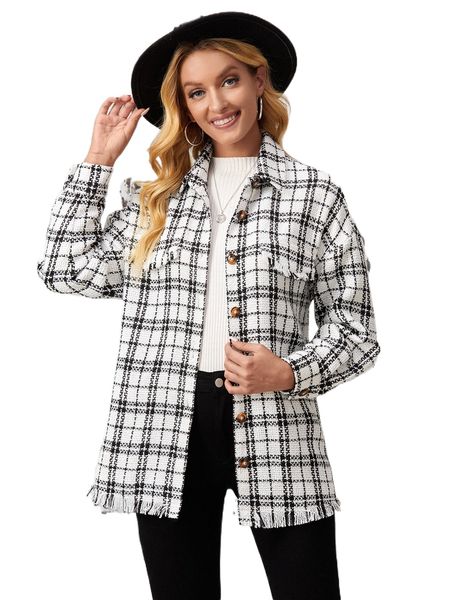 plaid print raw cut drop shoulder overcoat v8ti#, Black 
plaid print raw cut drop shoulder overcoat v8ti#, Black