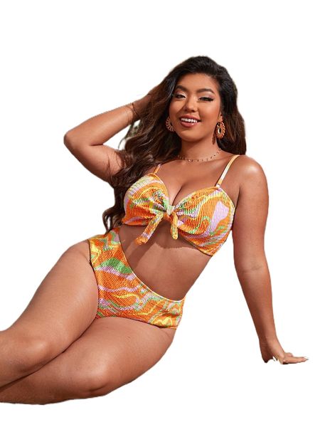plus fluid print smocked knot front bikini swimsuit 612b#, White;black
plus fluid print smocked knot front bikini swimsuit 612b#, White;black