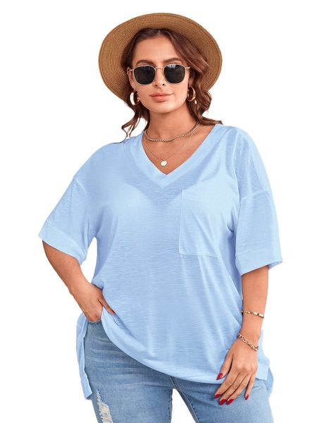 plus drop shoulder high low split hem tee c8xl#, Black