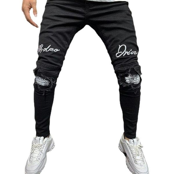 men's jeans men embroidered patch worn hole elastic pencil pants slim mens casual letter print skinny, Blue
men's jeans men embroidered patch worn hole elastic pencil pants slim mens casual letter print skinny, Blue