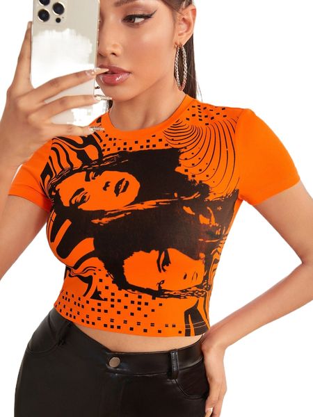 petite neon orange figure graphic tee e47g#, White