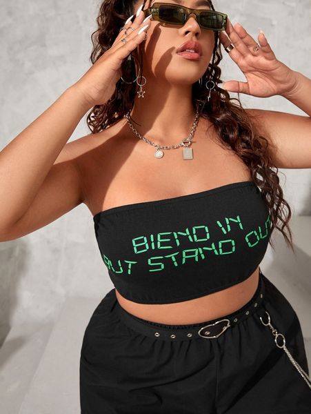 plus slogan print crop tube c1c8#, Black