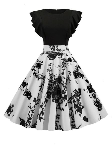 black white patchwork floral print summer dress women petal sleeve dot vintage robe casual rockabilly party vestidos, Black;gray
black white patchwork floral print summer dress women petal sleeve dot vintage robe casual rockabilly party vestidos, Black;gray