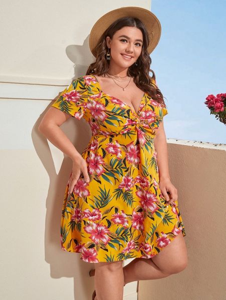 plus tropical print twist front dress l9kl#, Black