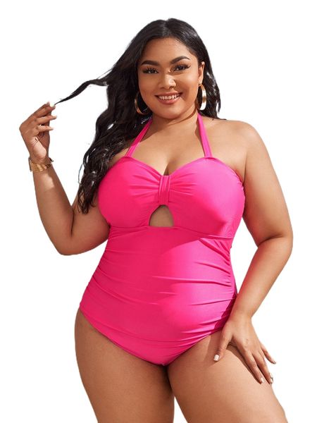 plus ruched cut-out halter one piece swimsuit l5pg#, White;black 
plus ruched cut-out halter one piece swimsuit l5pg#, White;black