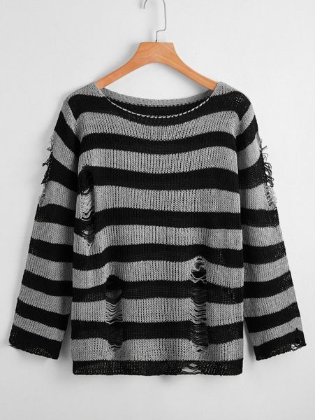 stripe ripped sweater c94d#, White;black