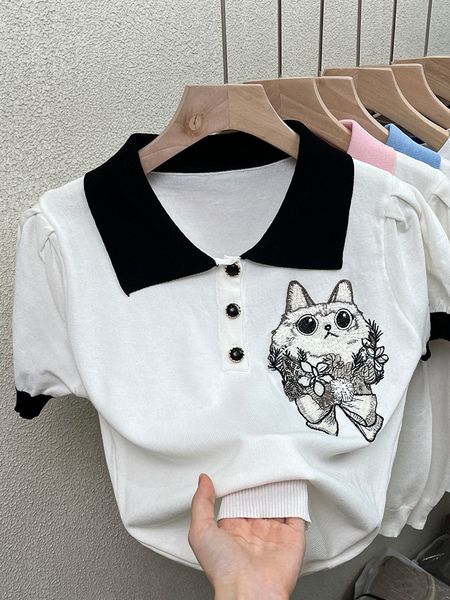 507 2022 summer brand same style sweater lapel neck short sleeve fashion pullover pink blue womens clothes yingjie, White;black
507 2022 summer brand same style sweater lapel neck short sleeve fashion pullover pink blue womens clothes yingjie, White;black