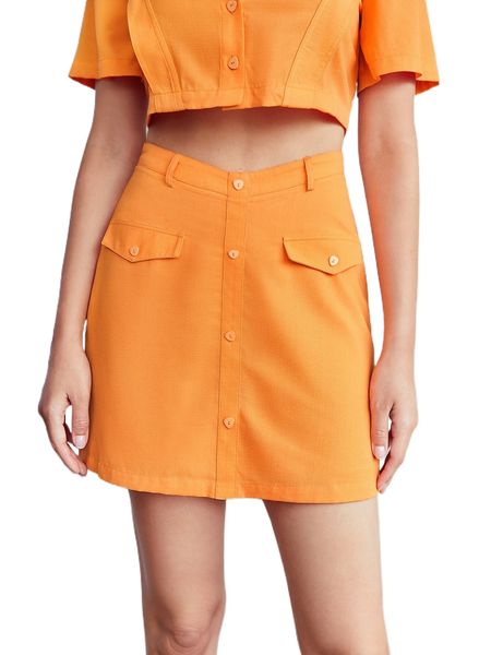 solid flap detail button front skirt n8nq#, Black