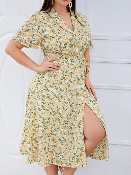 plus fruit print lapel neck belted shirt dress j5ai#, Black