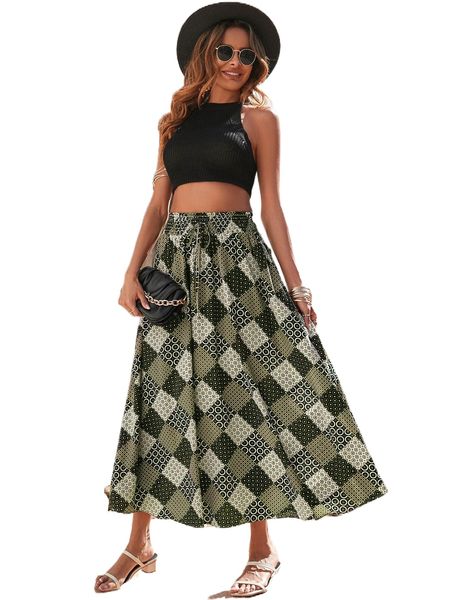 patchwork shirred waist knot front flare skirt 20yj#, Black