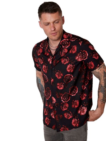 men floral print shirt q7k2#, White;black