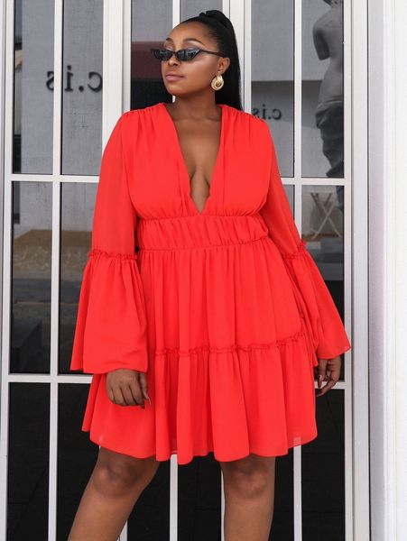 seomiscky plus plunging neck bell sleeve ruched bust chiffon dress m5kj#, Black
seomiscky plus plunging neck bell sleeve ruched bust chiffon dress m5kj#, Black