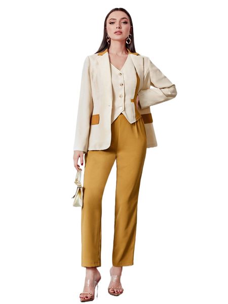 two tone vest jacket & single button blazer & tailored pants x5py#, White
two tone vest jacket & single button blazer & tailored pants x5py#, White