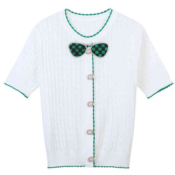 women's sweaters 2022 summer stripe color blocking sunglasses pattern embroidered beaded single breasted sweet aging round neck pullove, White;black
women's sweaters 2022 summer stripe color blocking sunglasses pattern embroidered beaded single breasted sweet aging round neck pullove, White;black