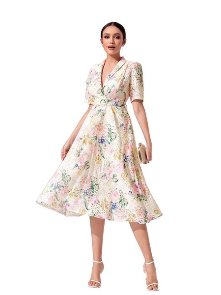 floral print eyelet embroidery shawl collar belted dress b3jp#, Black;gray