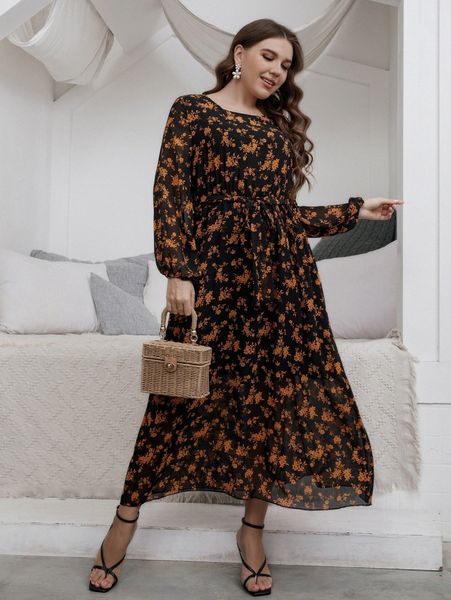 plus floral print lantern sleeve belted dress x7xg#, Black
plus floral print lantern sleeve belted dress x7xg#, Black