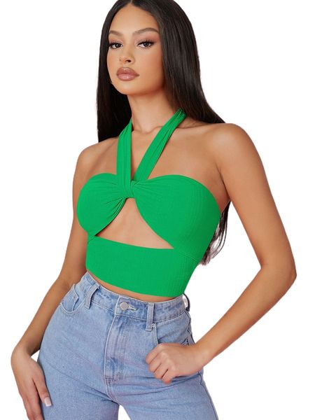 cutout self-tie halter crop h3r9#, White