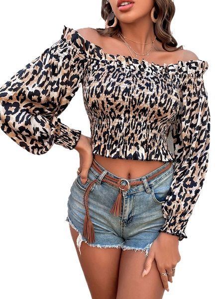 leopard print off shoulder lantern sleeve shirred ruffle trim r1q1#, White