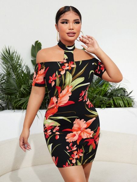 sxy floral halter bodycon dress h5my#, Black;gray