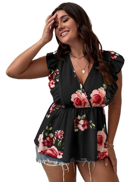 plus floral print butterfly sleeve peplum blouse h3tr#, Black 
plus floral print butterfly sleeve peplum blouse h3tr#, Black