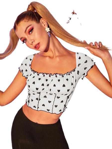 heart print lettuce trim crop tee k4jh#, White 
heart print lettuce trim crop tee k4jh#, White